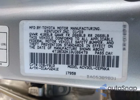 2003 Toyota Camry Le from USA, damaged, VIN 4T1BE32K13U166479